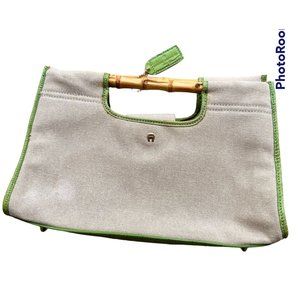 Vintage Etienne Aigner Canvas Leather Handbag Bamboo Handles Snap Closur…